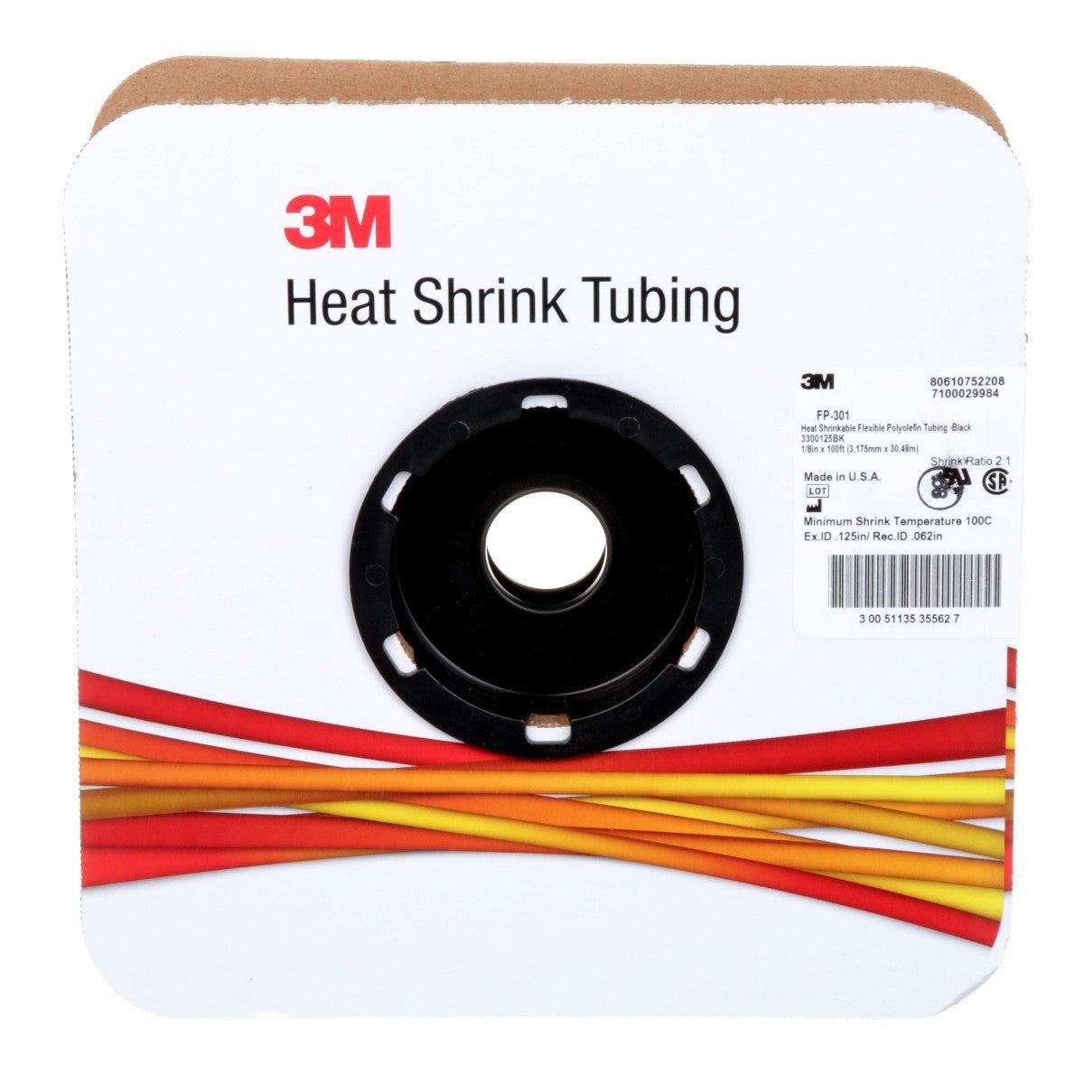 3M Heat Shrink Thin-Wall Tubing FP-301, Black, 1/8 in ID, 100 ft Spool (FP0.125BK100'S) (7100029984) (3 Pack)
