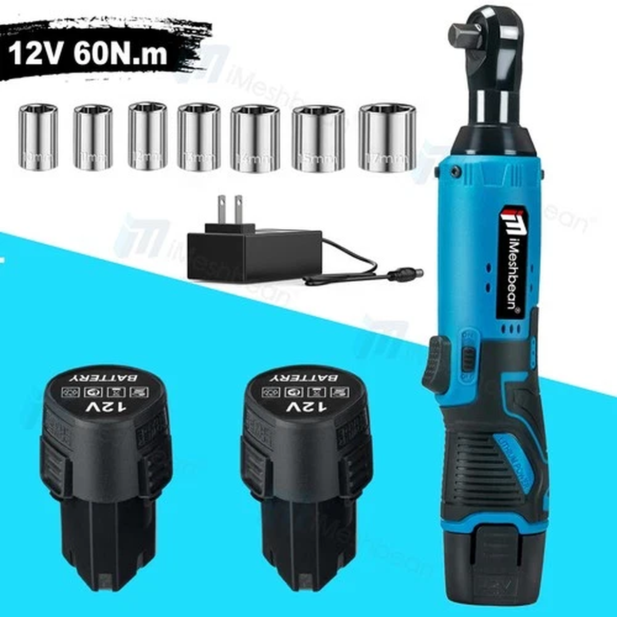12V 3/8" Cordless Electric Ratchet Socket impact Wrench Right Angle Battery 60Nm
