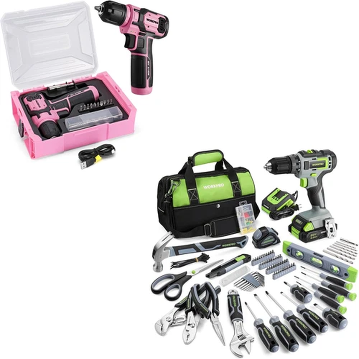 157PCS Home Tool Set with 20V Green & 8V Pink Drills in Stackable Box