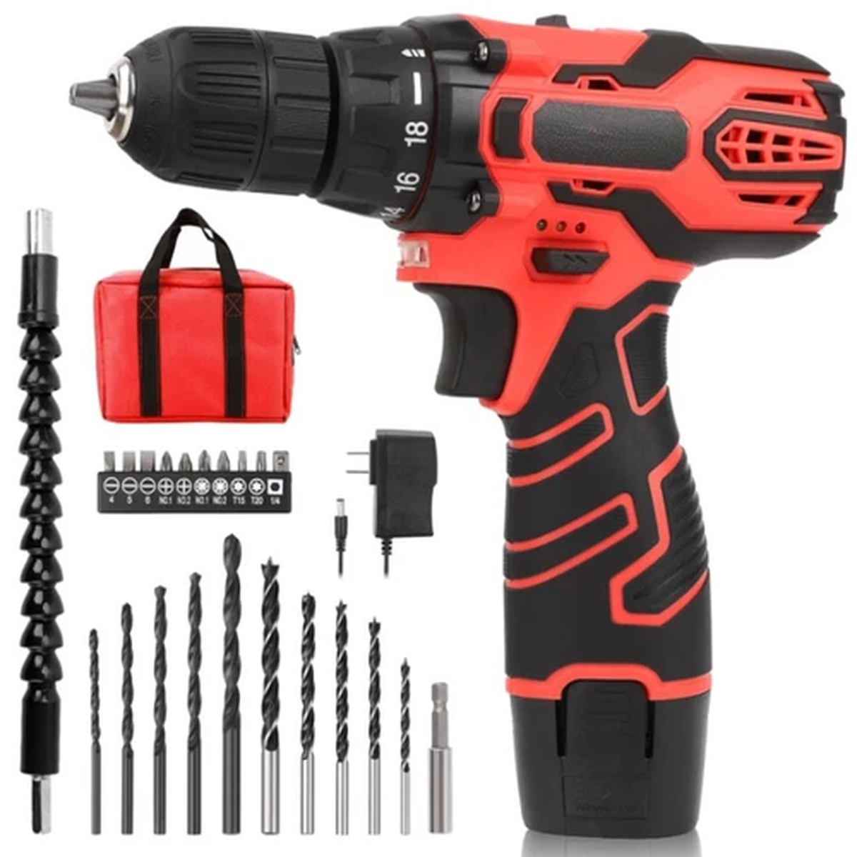 Taladro inalmbrico 12V con portabrocas 3/8", 2 velocidades y 10 puntas, Nuevo
