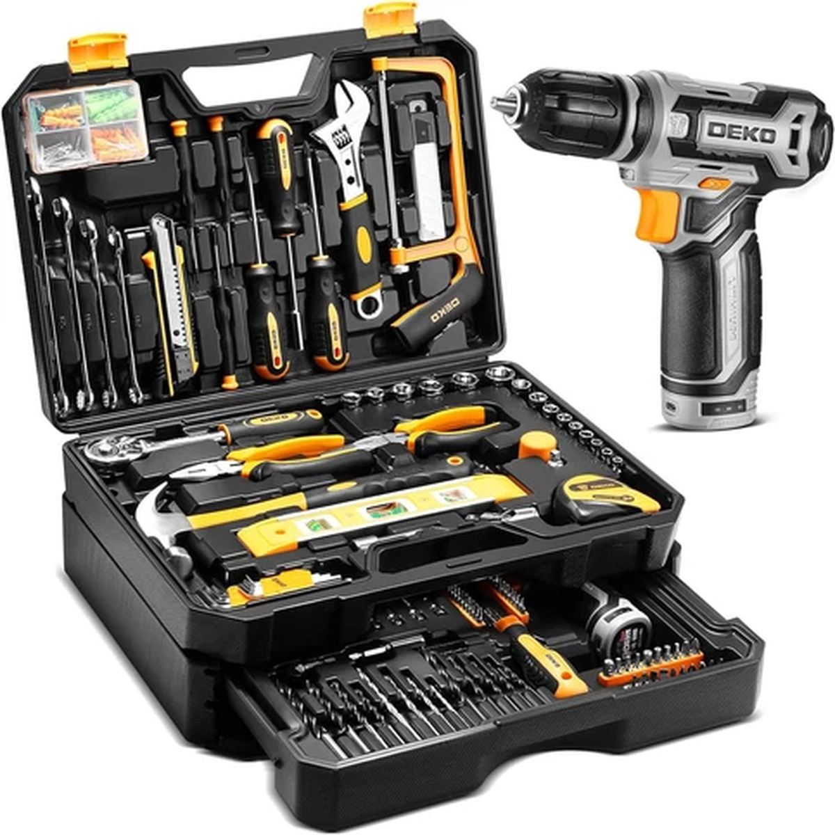 Tool Kit Box Drill Set Home Mechanic Toolbox with 12V Power Cordless Drill Hand