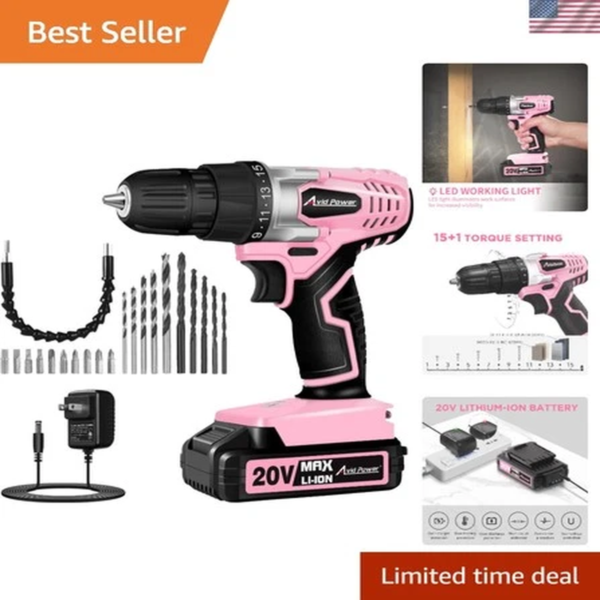 TOOL, CORDLESS DRILL WITH BITS AND CHARGE CORD. 15 PC SET.