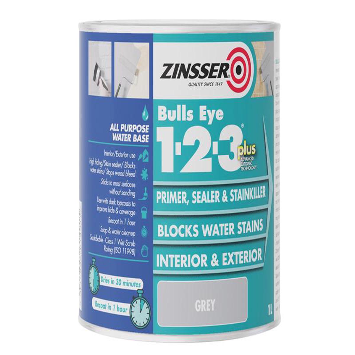 Zinsser  Bulls Eye 1-2-3 Plus Primer, Sealer & Stain Killer Grey 1 litre