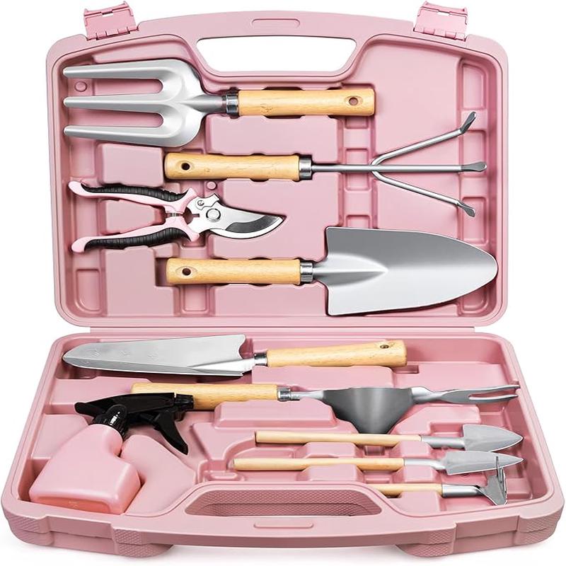 12-Piece Womens Gardening Tools Gift Set, Rust-Proof & Heavy-Duty Garden Tools with Durable Carrying Case, Fashionable & Thoughtful Gardening Gifts for Women&Men (Pink-Silver)