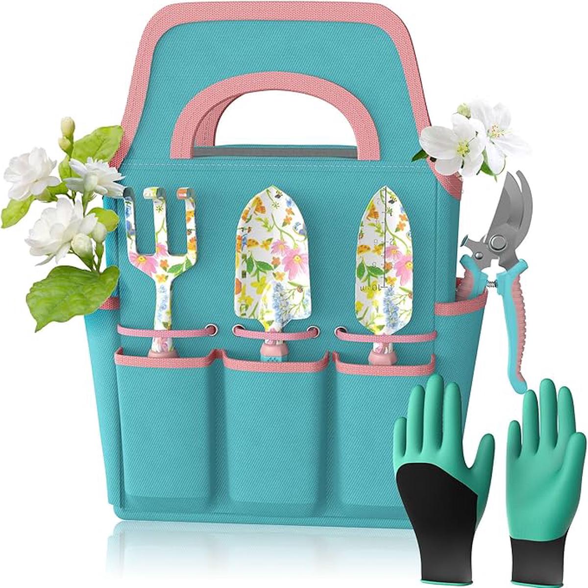 6 Pcs Garden Tool Set, Gardening Hand Tools Aluminum Alloy Starter Kit with Garden Bag, Heavy Duty Outdoor Tool Set with Ergonomic Handle, Gardening Gifts (Flower Pa
