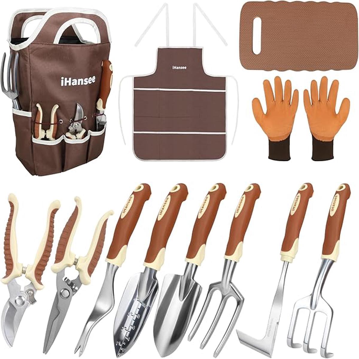 Brown Gardening Tools Set 12-Piece, Garden Hand Tool Kit with Non-Slip Ergonomic Handle, Storage Tote Bag, Garden Apron, Gloves and Kneeling Pad, Gardening Gifts for