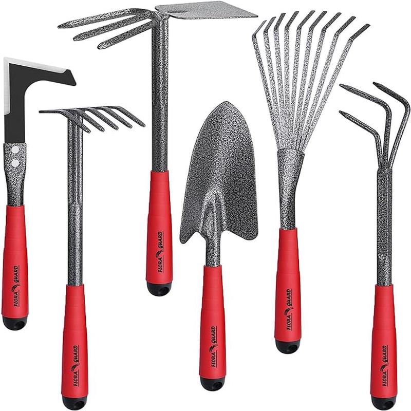 FLORA GUARD Garden Tools Set, 6-Piece Heavy Duty Gardening Hand Tools with Soft Rubber Handle, Includes Trowel, Rake, 2-in-1 Hoe & Crack Weeder, Durable Yard Tools, Essentials Garden Gift Men Women