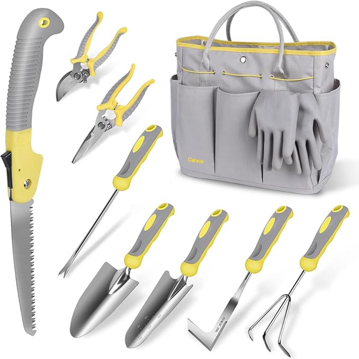Garden Tool Set, Carsolt 10 Piece Stainless Steel Heavy Duty Gardening Tool Set for Digging Planting Pruning Gardening Kit with Durable Bag Gloves Gift Box Ideal Gar
