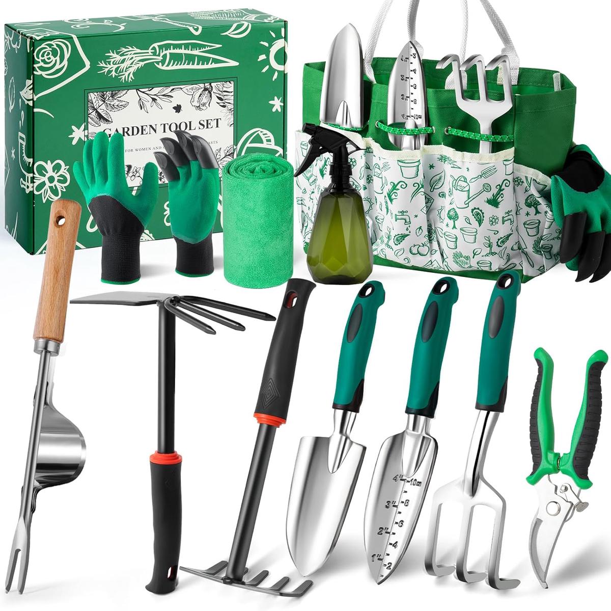 Garden Tool Set for Women, 12pcs Heavy Duty Gardening Tools, Cute Gardening Supplies Gifts for Women Mom, Garden Hand Tools with Fashion Organizer Handbag, Garden To
