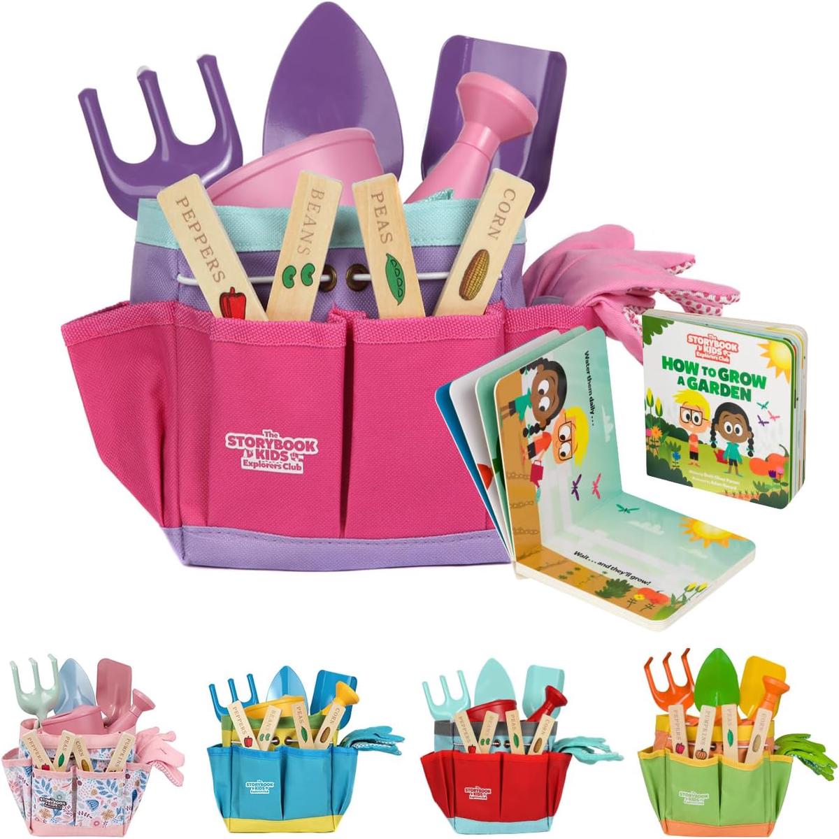 Pink Kids Gardening Tools - includes Sturdy Tote Bag, Watering Can, Gloves, Shovels, Garden Stakes, and a Delightful Children's Book "How to" Garden Tale - Kids Garden Tool set for toddler