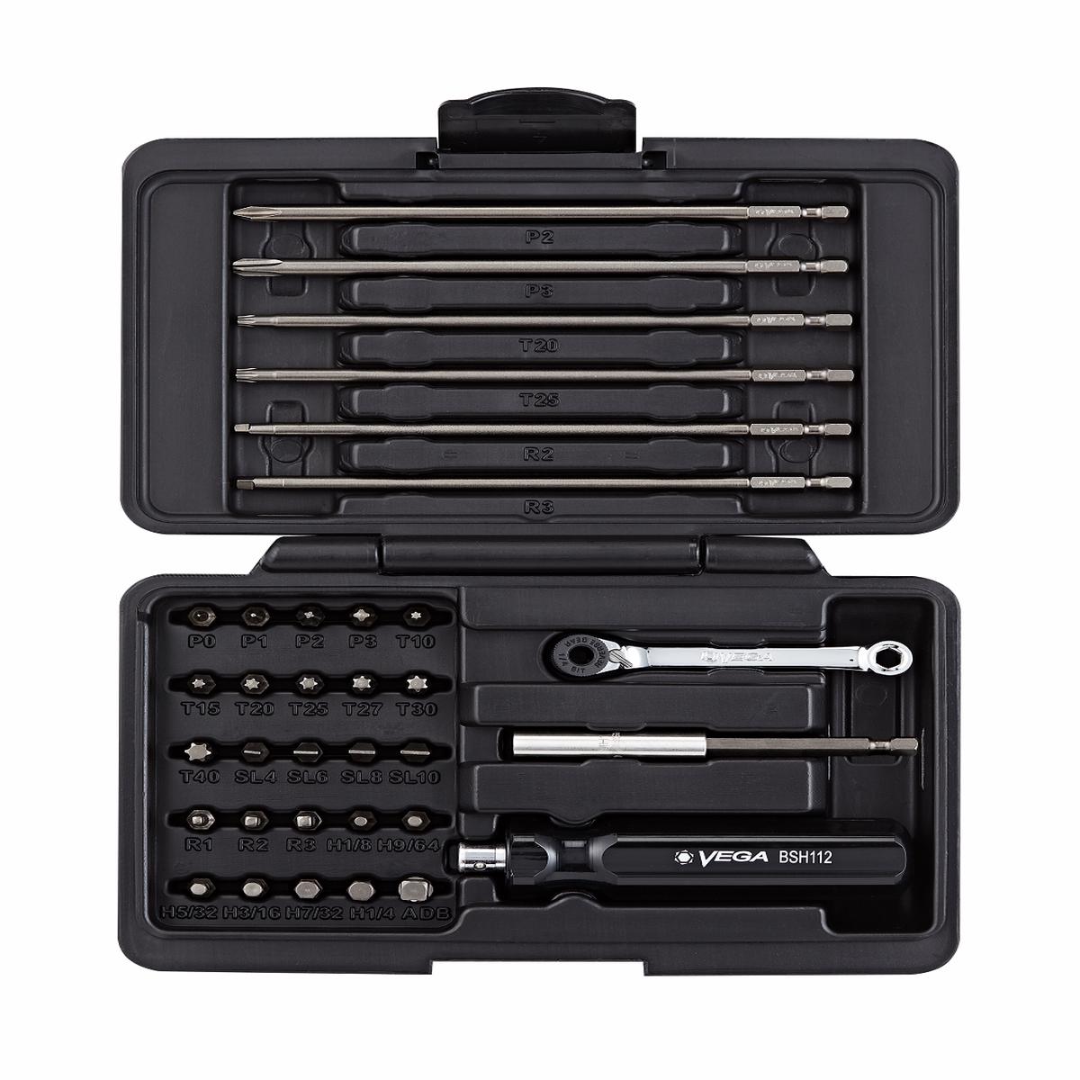 Vega Tools, V34-BRH, Bit and Hand Driver Set, 1/4 in Hex, S2 Modified Shock Resistant Steel, Multi-Tip Configuration