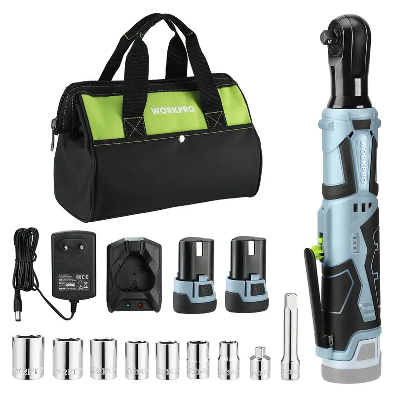 WORKPRO Cordless Electric Ratchet Wrench, 3/8" 12V 40 Ft-lbs Electric Ratchet Wrench 9 Pcs Set