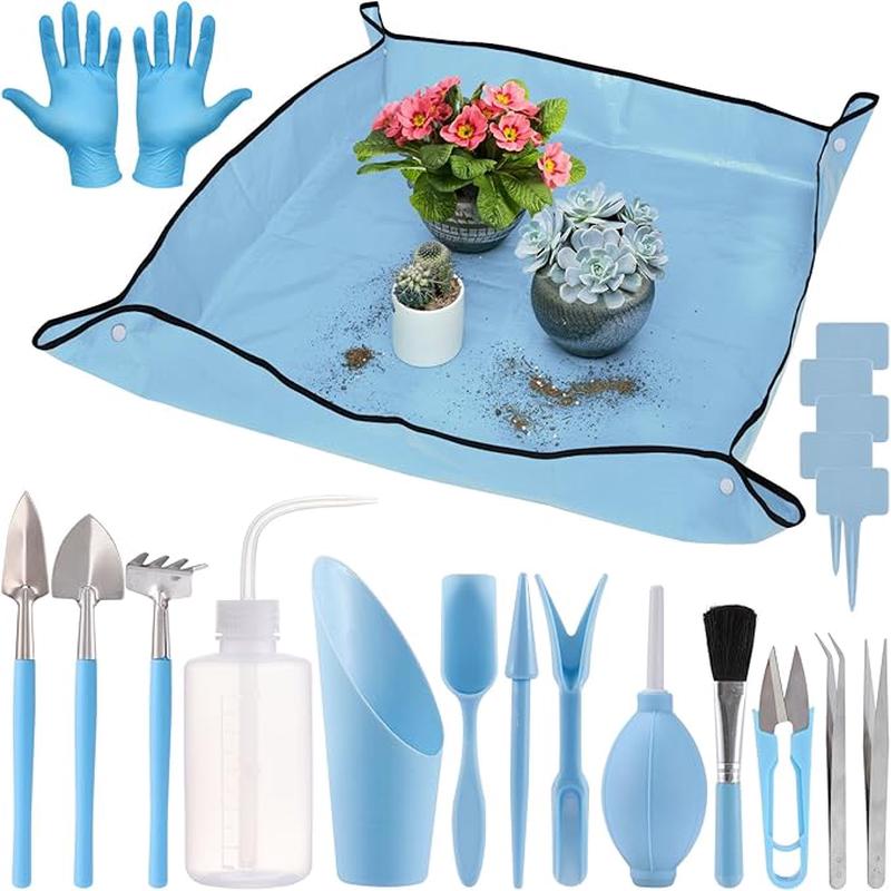 20pcs Small Gardening Tools Gifts for Women Beginners - Garden Hand Tools Set for Indoor Succulent Bonsai Plants Transplanting, Included 39.4" Plant Repotting Mat/Miniature Shovel/Labels, Blue