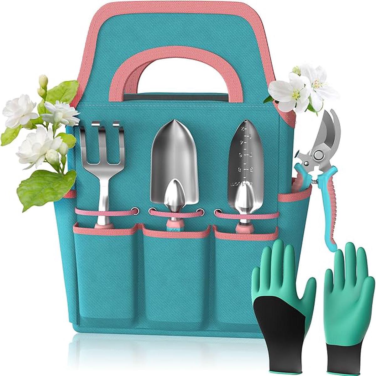 6 Pcs Garden Tool Set, Gardening Hand Tools Aluminum Alloy Starter Kit with Garden Bag, Heavy Duty Outdoor Tool Set with Ergonomic Handle, Gardening Gifts (No Flower