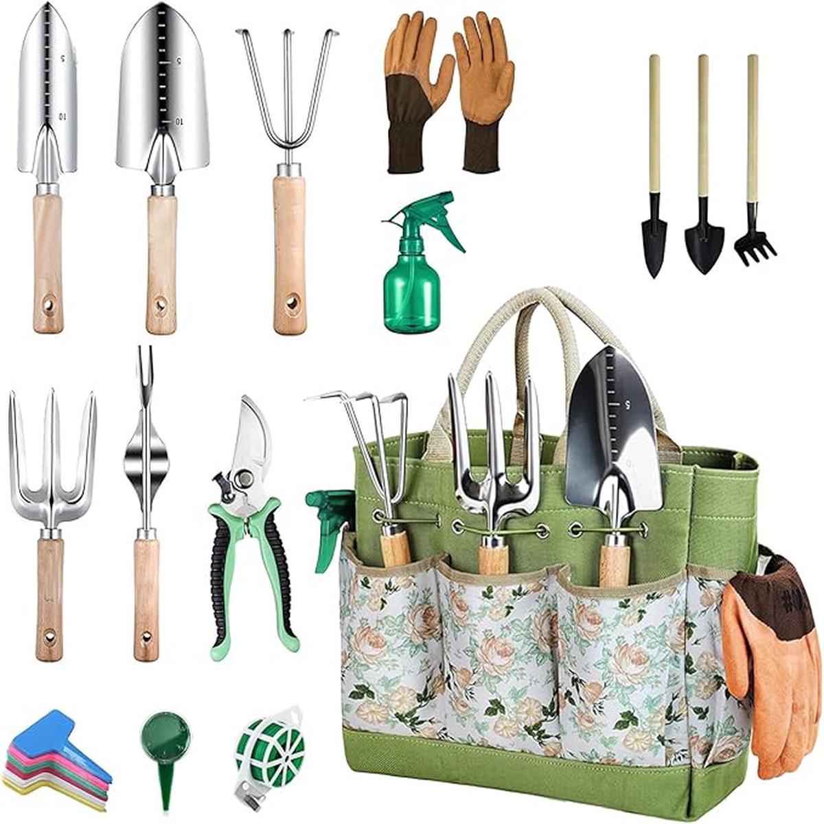 Garden Tool Set 12 Pieces Gardening Tools Stainless Steel Heavy Duty, Outdoor Hand Tools with Floral Organizer Handbag, Succulent Tools,Gardening Gifts for Women Men