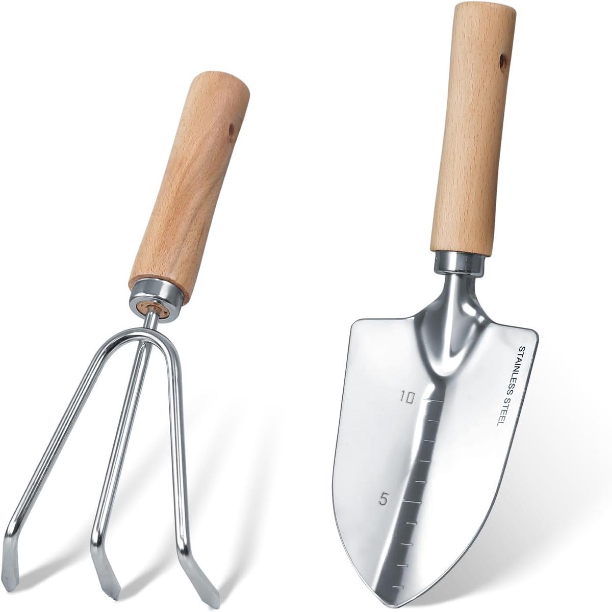 Garden Tool Set, 2 Pieces Stainless Steel Heavy Duty Garden Tools, Gardening Kit with Wooden Handle Garden Hand Tools, Durable Garden Tools for Gardening, Gardening 