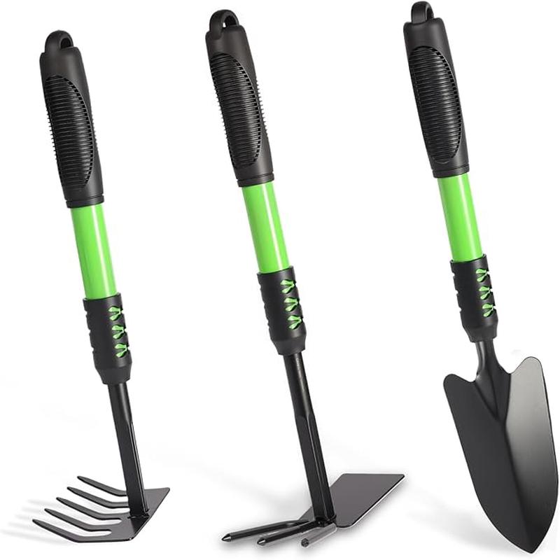 Garden Tool Set, 3 Pack Lightweight Heavy Gardening Kit Including Hand Shovel, Transplant Shovel and Hand Rake with Soft Rubber Non-Slip Handle, for Planting Weeding Digging, Green 