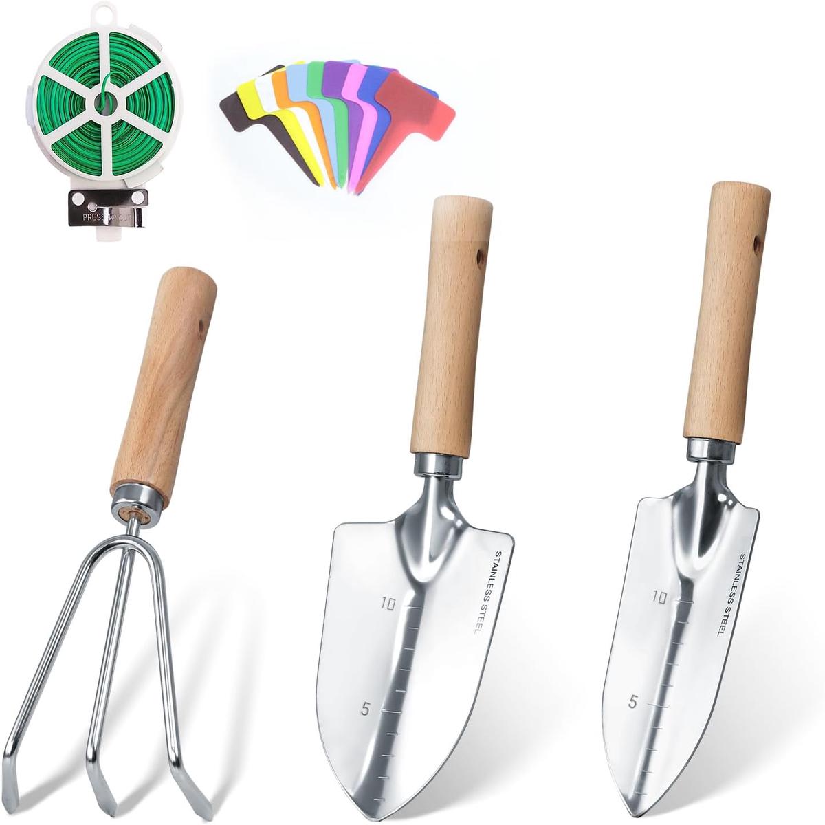 Garden Tool Set, 3 Pieces Gardening Kit with Garden Plant Twist Tie and Plastic Plant Tag, Stainless Steel Heavy Duty Garden Tools with Wooden Handle, Gardening Gifts for Women