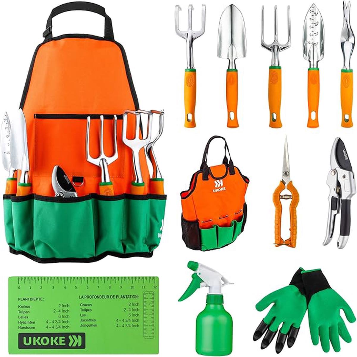 UKOKE Garden Tool Set, 12 Piece Aluminum Hand Tool Kit, Garden Canvas Apron with Storage Pocket, Outdoor Tool, Heavy Duty Gardening Work Set with Ergonomic Handle, G