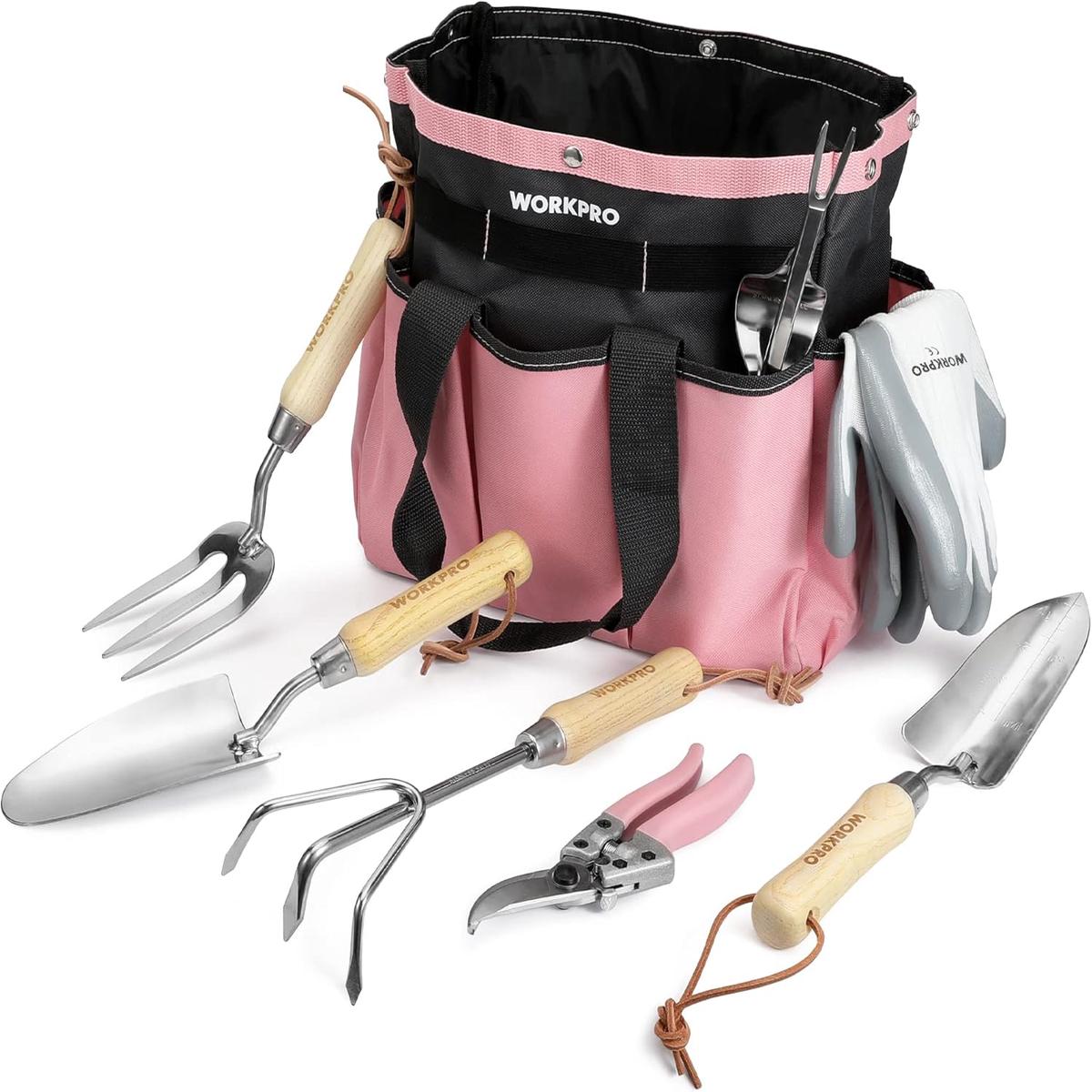WORKPRO 8-Piece Pink Garden Tool Set, Stainless Steel Gardening Tools with Wood Handle, Including Garden Tote, Gloves, Trowel, Hand Weeder, Cultivator and More, Gardening Gifts For Women -
