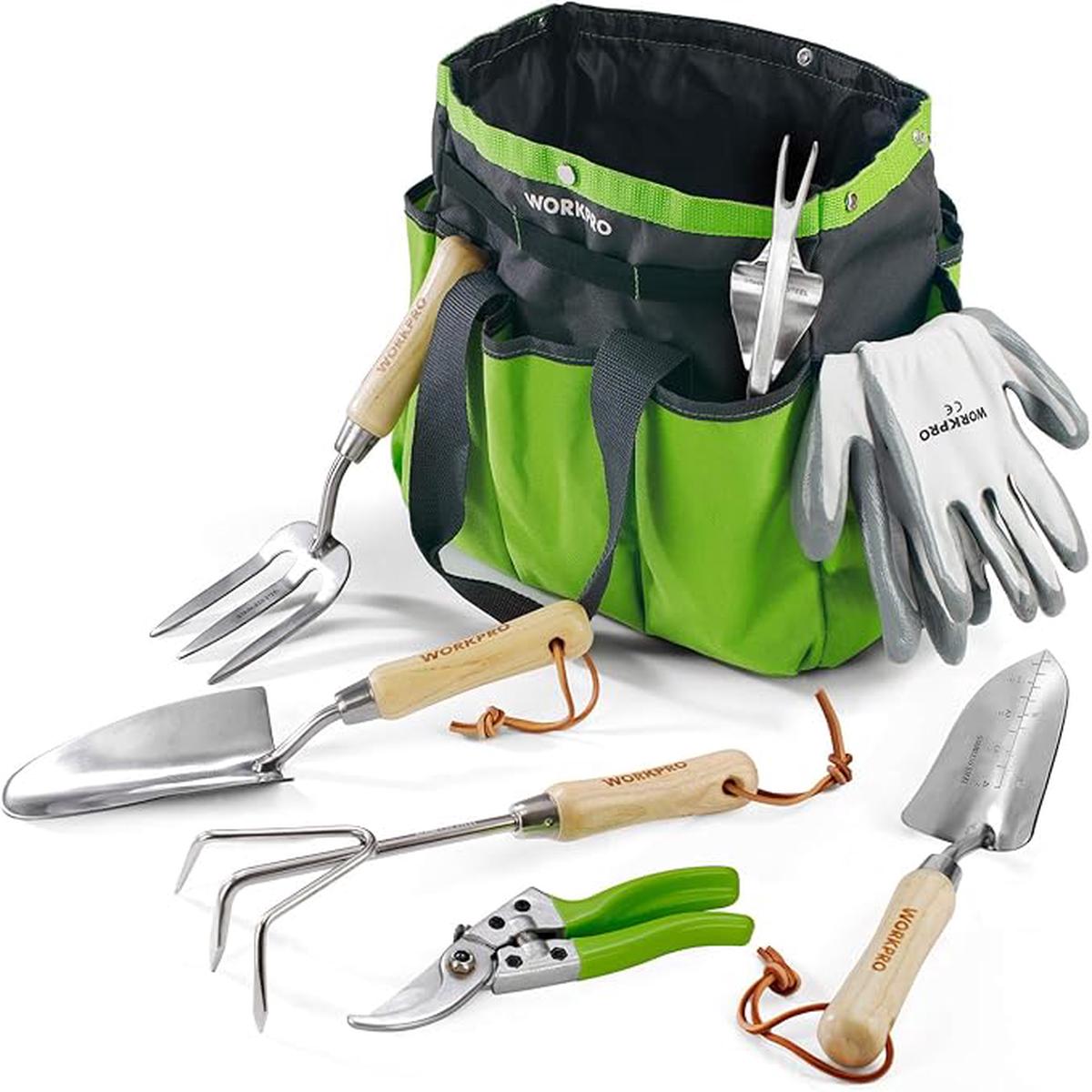 WORKPRO Garden Tools Set, 8 Piece, Stainless Steel Heavy Duty Gardening Tools with Wooden Handle, Including Garden Tote, Gloves, Trowel, Hand Weeder, Cultivator and 