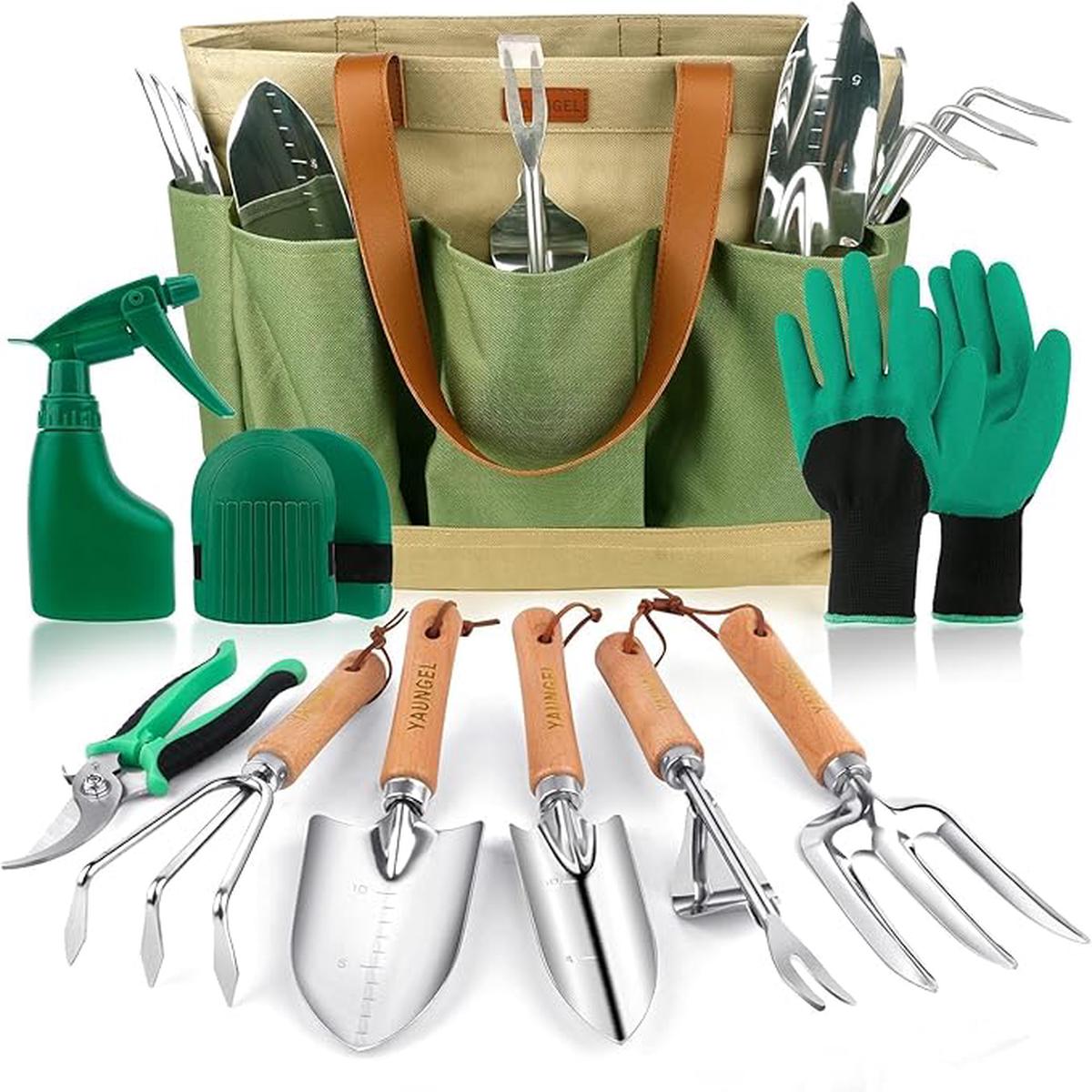 YAUNGEL Gardening Tools - 10 Pcs Garden Tool Set Heavy Duty Stainless Steel Garden Supplies Hand Tools with Wooden Handle, Storage Tote Bag, Gardening Gifts for Wome