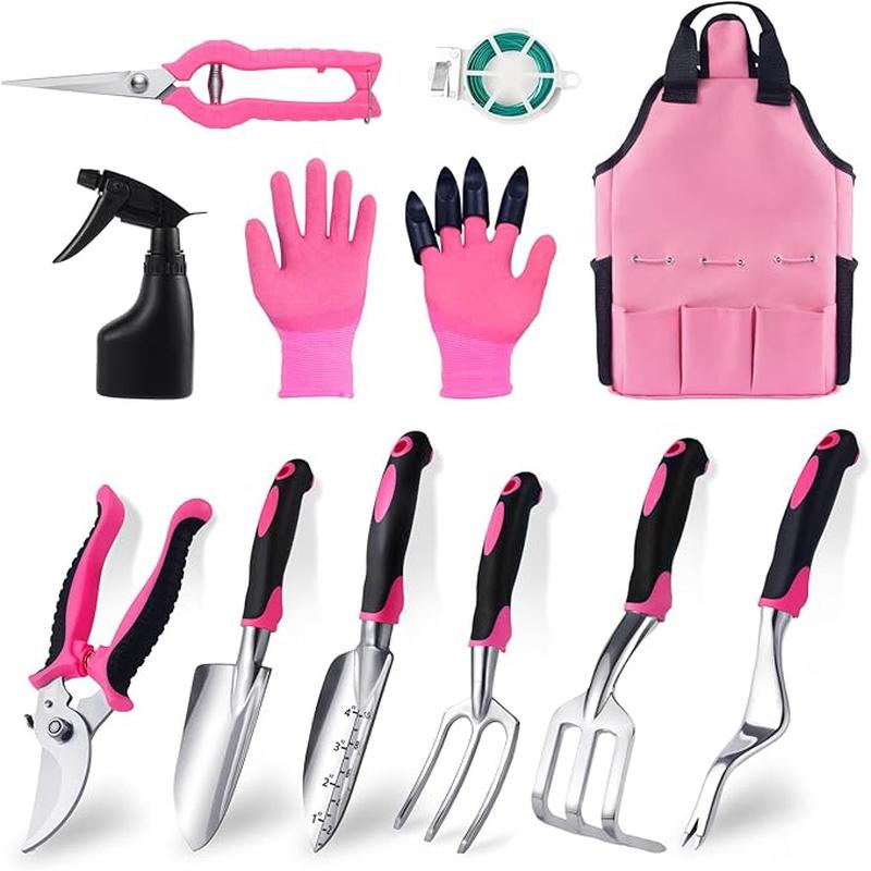 Covacure Gardening Tool Set - 11 Piece Aluminum Alloy Steel Hand Tool Starter Kit with Garden Bag, Outdoor Tool, Heavy Duty Gardening Work Set, Gardening Tools Gift for Women and MenPink