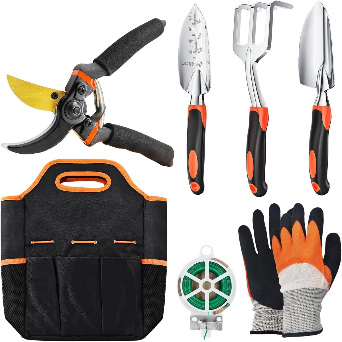 ESOW Garden Tool Set 7 PCS, Includes Cast-Aluminum Heavy Duty Hand Trowel, Transplant Trowel, Hand Rake, SK-5 Steel Gardening Scissor, Plant Tie, Bag & Gloves, Tool 