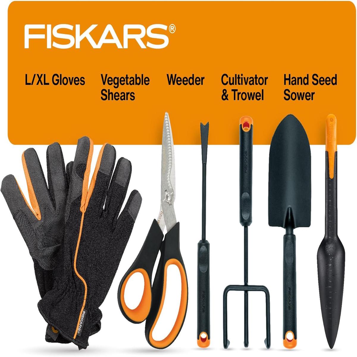 Fiskars Vegetable Garden Tool Set with Vegetable Shears, Seed Sower, Trowel, Cultivator, Weeder, and L/XL Garden Gloves for Indoor or Outdoor Gardening (6 Piece Kit), Gardening Gifts for W
