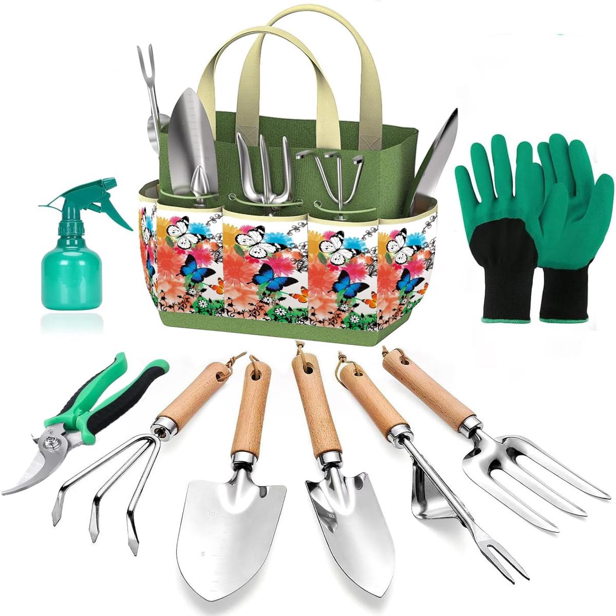 Gardening Tools Set of 9 - Complete Heavy Duty Garden Tools Set with Fashion Handbag - Durable Gardening Supplies Kit Ideal Gifts for Women